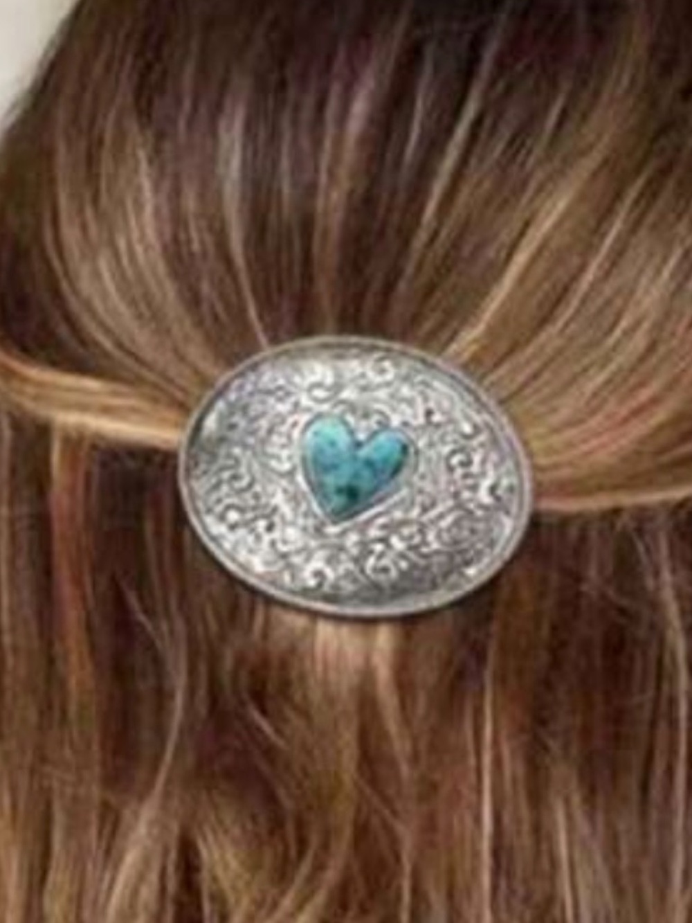 Silver-Tone Heart Accent Hair Barrette - Turquoise Detail